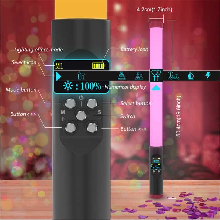 PULUZ RGB 114 LEDs Waterproof Photography Handheld Light Stick • Remote Control 3 Led Light Stick Featuring A Control Panel With Buttons And A Numerical Display For Settings.