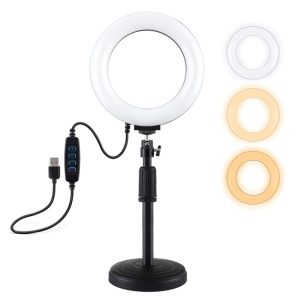 LED ring light on a black adjustable stand with a USB connector and control buttons.
