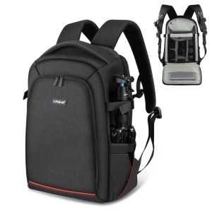 Black camera backpack featuring a tripod holder and padded interior for equipment storage.