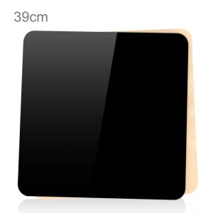 Black square chalkboard with a wooden stand, measuring 39 cm in size.