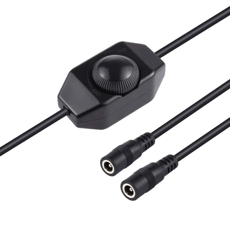 PULUZ LED Strip Light Dimmer Controller, 5V-24V Brightness Adjustment 3 Black Audio Volume Control Device With A Knob And Two Connectors On Either Side.