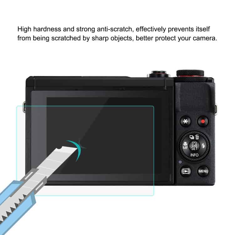 PULUZ Canon G7X Mark III/M200/850D Tempered Glass Film, 2.5D 9H Protection 4 Camera With A Screen Protector Being Tested With A Utility Knife To Show Scratch Resistance.
