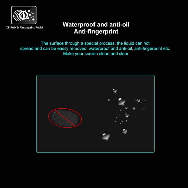 PULUZ Canon G7X Mark III/M200/850D Tempered Glass Film, 2.5D 9H Protection 5 Image Illustrating Waterproof And Anti-Oil Properties Of A Screen Protector With Droplets Of Water On Its Surface.