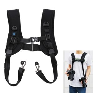 Black camera shoulder harness strap designed for carrying cameras securely.