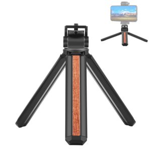 Compact smartphone tripod featuring a wooden grip and adjustable mount for mobile devices.