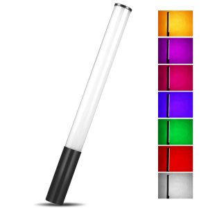 LED light stick with a transparent tube and a black base, displaying various colors.