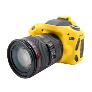 Canon 80D digital camera with a yellow silicone protective case and a zoom lens attached.