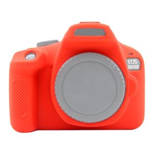 Red DSLR camera with gray lens cap and "EOS 3000D" branding, showcasing photography equipment from Syndmart.
