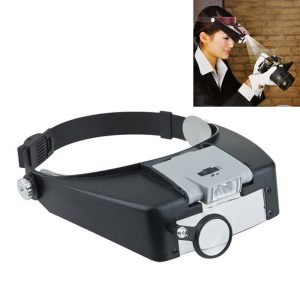 Black magnifying headset with LED light and adjustable lenses for close-up work.