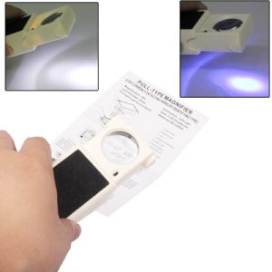 Hand holding a pull-type LED magnifier with a light feature and instruction manual.
