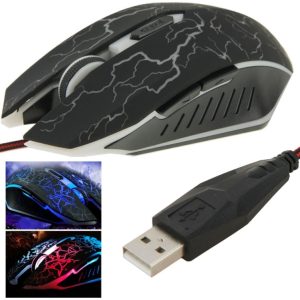 Lightning-mouse with black lightning pattern and USB connector for gaming and computer use.