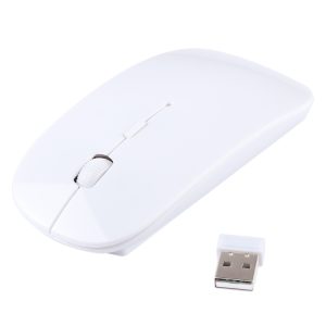 Wireless computer mouse with USB receiver, white, for desktop and laptop use for improved productivity.
