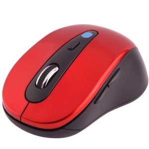 Wireless red and black computer mouse with scroll wheel and side buttons for enhanced navigation, ideal for office or gaming use.