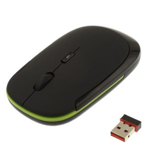 Wireless computer mouse with USB receiver, black with green accents, ergonomic design, ideal for home and office use.