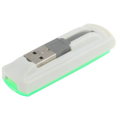 High-Speed USB 2.0 Multi Card Reader - SD/MMC, MS, TF, M2 Support 3 Usb Flash Drive With A White Casing And Green Led Accent, Connected Via A Usb Connector, Suitable For Data Storage And Transfer.