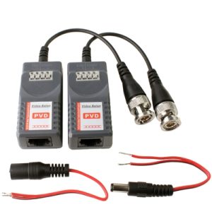 Protective CCTV video balun pair with BNC and power connectors for security camera systems, ensuring reliable video transmission over long distances.