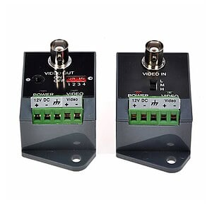 12V DC video balun transceiver set for CCTV security camera systems, supports video transmission over coaxial cables, easy installation, compatible with surveillance cameras and DVRs.
