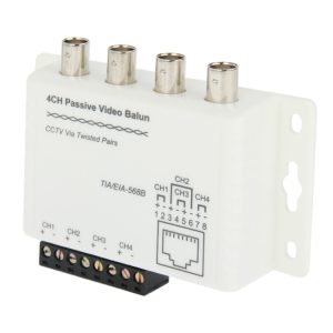 4-channel passive video balun for CCTV security camera systems, supports twisted pair transmission, easy installation, reliable video signal transfer, compatible with various security network setups.