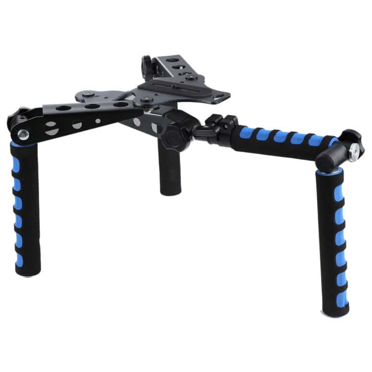 Black Multi-Function Shoulder Rig for DSLR Cameras - Capture Smooth Shots 2 Durable Camera Stabilizer Rig For Professional Video Production, Black And Blue Portable Film Accessories, Lightweight And Adjustable Filmmaking Equipment, Syndmart Photography Gear.