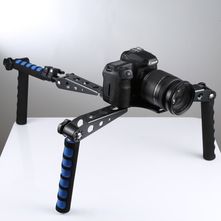 Black Multi-Function Shoulder Rig for DSLR Cameras - Capture Smooth Shots 7 Light Weight Camera Stabilizer Rig With Dslr Mounted, Professional Film Equipment, Cinematic Gear For Smooth Video Recording, Photography Accessories, And Camera Stabilization Tools.