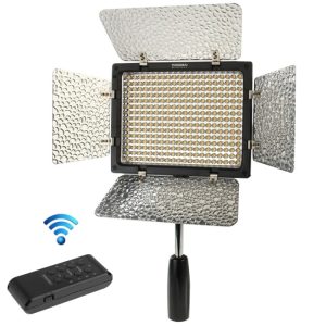 Bright professional LED video light with adjustable barn doors, remote control, and wireless connectivity for photography, videography, and content creation.