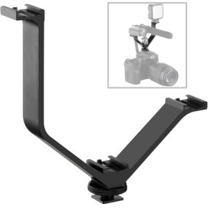Flexible camera hot shoe mount for DSLR and mirrorless cameras, lightweight and adjustable, ideal for vlogging and photography setups.
