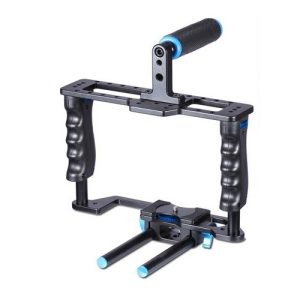 Heavy-duty camera stabilizer rig with ergonomic handles and adjustable mount for smooth filming; ideal for professional videographers and content creators.