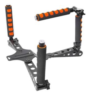 Durable camera stabilizer rig with foam grip handles for smooth filming and professional video production.