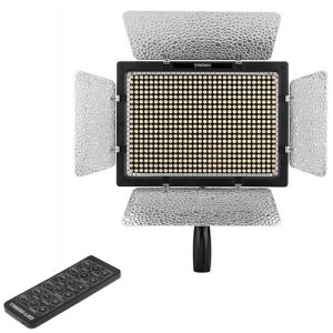 High-quality LED video light panel with adjustable brightness and color temperature for professional photography and videography. Comes with barn doors and remote control for optimal lighting control.