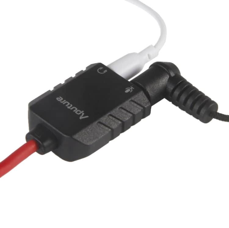 Aputure 3.5mm Y Splitter Cable: Male to 2 Female Headset Mic • Stereo Sound 3 Clamp Connector For Electronic Devices, Black Plastic With Red And White Wires For Power Supply, Used In Electrical Circuits And Cable Management, Strong Insulation And Durable Design.