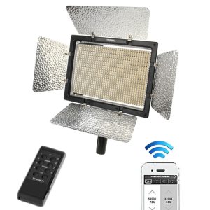 High-powered LED studio light with adjustable brightness and color temperature, remote control, and wireless connectivity for professional photography and videography.