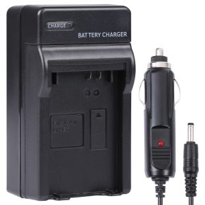 Battery charger for camera batteries with AC power adapter and car cigarette lighter plug, compatible with LP-E5 batteries for recharging camera power supplies efficiently.