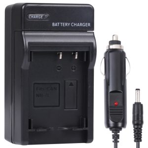 Battery charger for camera rechargeable batteries, compatible with NB-7L, with charging indicator and power cord. Ideal for photographers and tech enthusiasts.