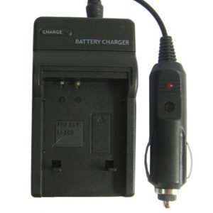Battery charger for electronic devices and rechargeable batteries, black portable power supply, compatible with Li-ion and Li-polymer batteries, ideal for photography and gadget enthusiasts.