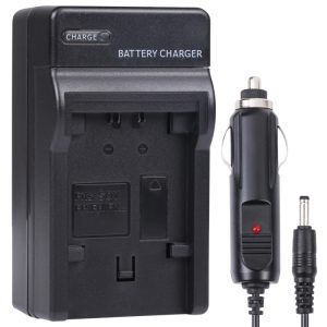 Battery charger with AC adapter for electronic devices, compatible with Sony FP/FELV batteries, portable and efficient charging solution.