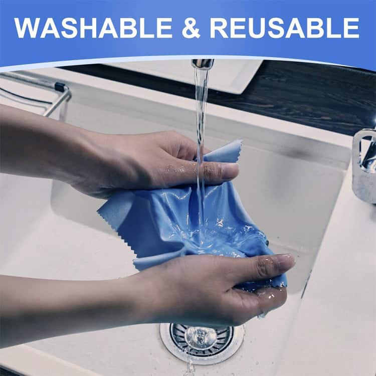 70-Piece Soft Cleaning Cloth Set for LCD, Glasses, Mobile Screens 4 Blue Reusable Washcloth Being Rinsed Under Running Water From The Faucet.