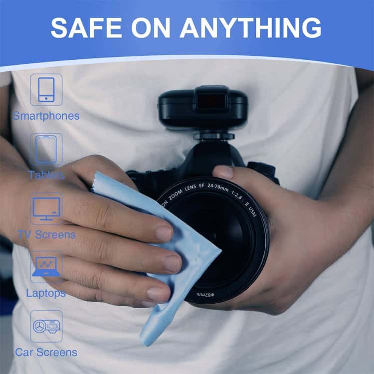 70-Piece Soft Cleaning Cloth Set for LCD, Glasses, Mobile Screens 5 High-Quality Image Of A Person Cleaning A Professional Camera Lens, Highlighting Premium Electronics And Device Maintenance Services For Smartphones, Tablets, Tv Screens, Laptops, And Car Screens.
