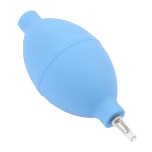 Blue rubber air blower for cleaning electronics and camera lenses, with a metal nozzle for precise dust removal. Ideal for electronics maintenance and photography equipment cleaning.