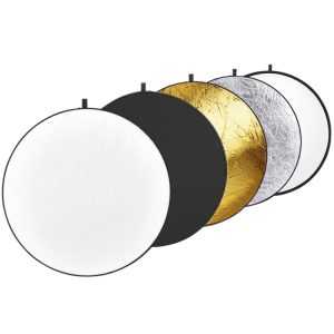 Round reflector discs in white, black, gold, silver, and metallic finish for photography lighting and studio use. High-quality, durable, and versatile reflectors for professional photography setups.