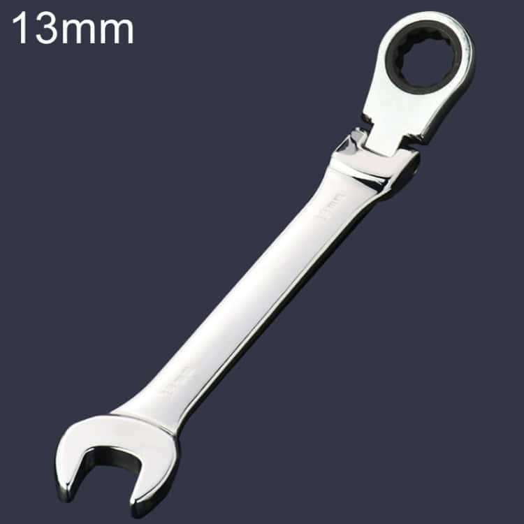 17.8cm Silver Plum Ratcheting Angled Wrench - 13mm Dual-use Opening 2 1. Image Of A Shiny Adjustable Wrench With 13Mm Opening, Ideal For Hardware Repairs And Industrial Tools, Showcased On A Dark Background.