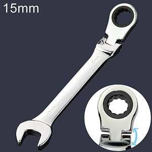 Chrome plated adjustable combination wrench, 15mm size, with multi-position ratcheting gear, durable tool for professional and home use.