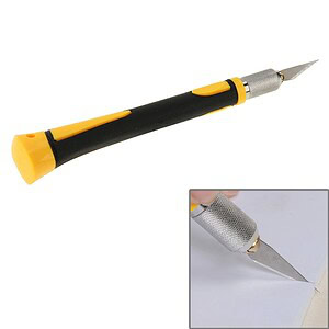 A precision craft knife with a yellow and black handle, featuring a sharp stainless steel blade for detailed cutting tasks.
