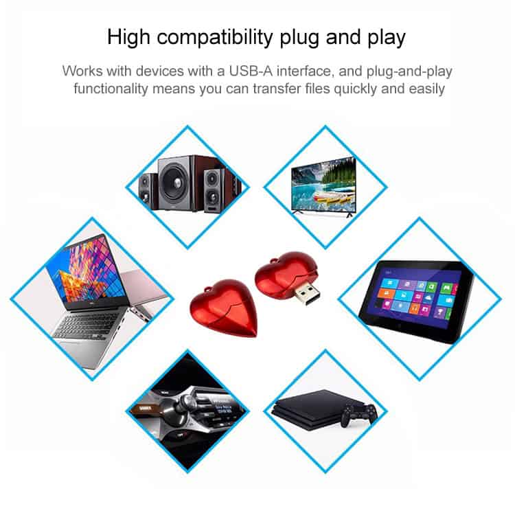 8GB Heart Style USB Flash Disk in Red - Carry Your Data in Style! 6 Usb-A Compatible Devices With Plug-And-Play Functionality For Easy File Transfer, Including Speakers, Monitors, Tablets, Laptops, Gaming Consoles, And Wireless Earbuds.