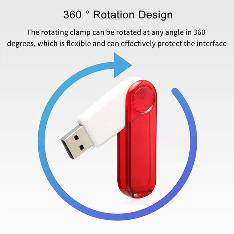 16GB USB Flash Disk in Striking Red - Transfer, Store, and Carry Data Effortlessly! 4 Rotating Usb Flash Drive With Red Protective Cover Demonstrating 360-Degree Rotation Design For Data Protection.