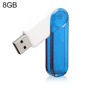 USB flash drive with 8GB storage capacity, blue translucent design, and removable cap for data transfer and storage solutions.