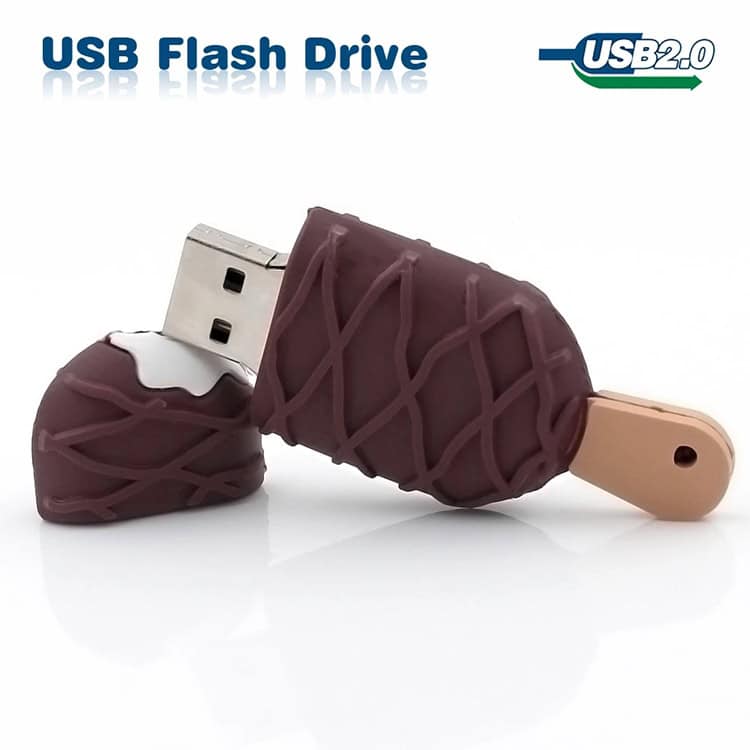 16GB Ice-cream Style USB Flash Drive - Sweet Storage Solution 3 Usb Flash Drive Shaped Like A Chocolate Ice Cream Bar With A Wooden Stick, Featuring A Brown Exterior And A Silver Connector.