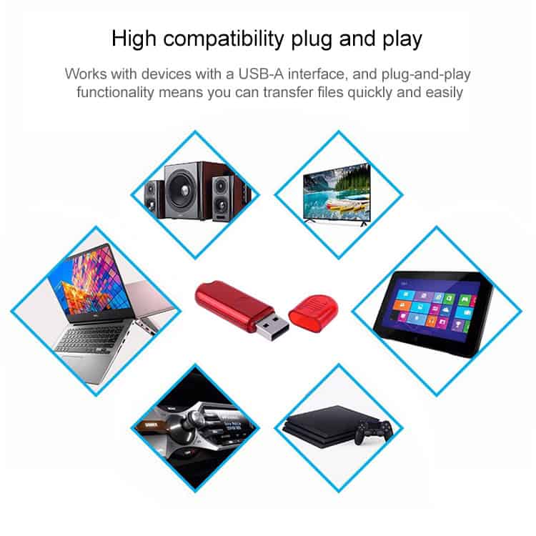 16GB Red USB Flash Drive - Fast Data Transfer, Portable Storage Solution 5 Usb Flash Drive With Device Compatibility, Showing Various Electronic Gadgets Like Speakers, Tablet, Laptop, Gaming Console, Monitor, And Digital Camera.