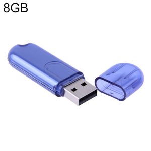 8GB USB flash drive with blue transparent casing and removable cap for portable data storage and transfer, ideal for personal and professional use.