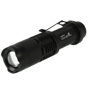 High-powered black LED flashlight with textured grip and durable design, suitable for outdoor and tactical use, branded UltraFire, compact handheld illumination device.