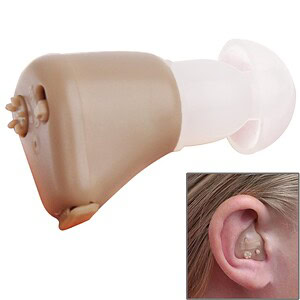 Custom behind-the-ear hearing aid with beige casing and small ear canal receiver, used for improved hearing and ear health, suitable for various hearing impairments at Syndmart.com.